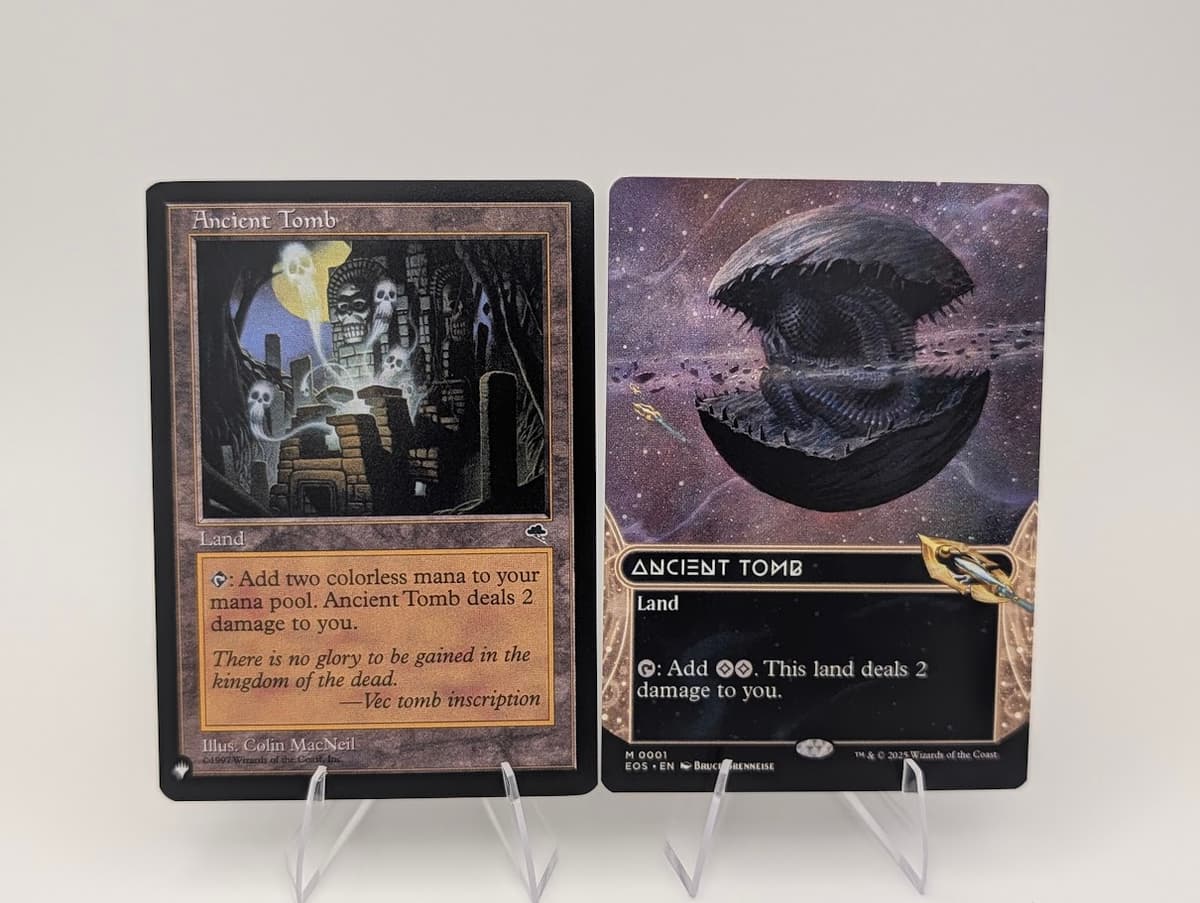 Proxy vs original Ancient Tomb MTG card comparison