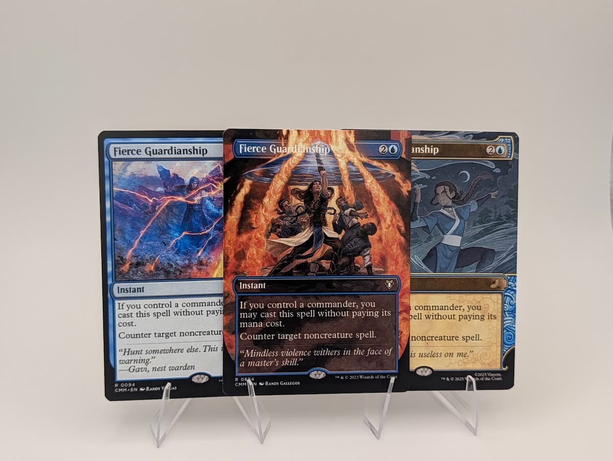 Three different art versions of Fierce Guardianship proxy cards